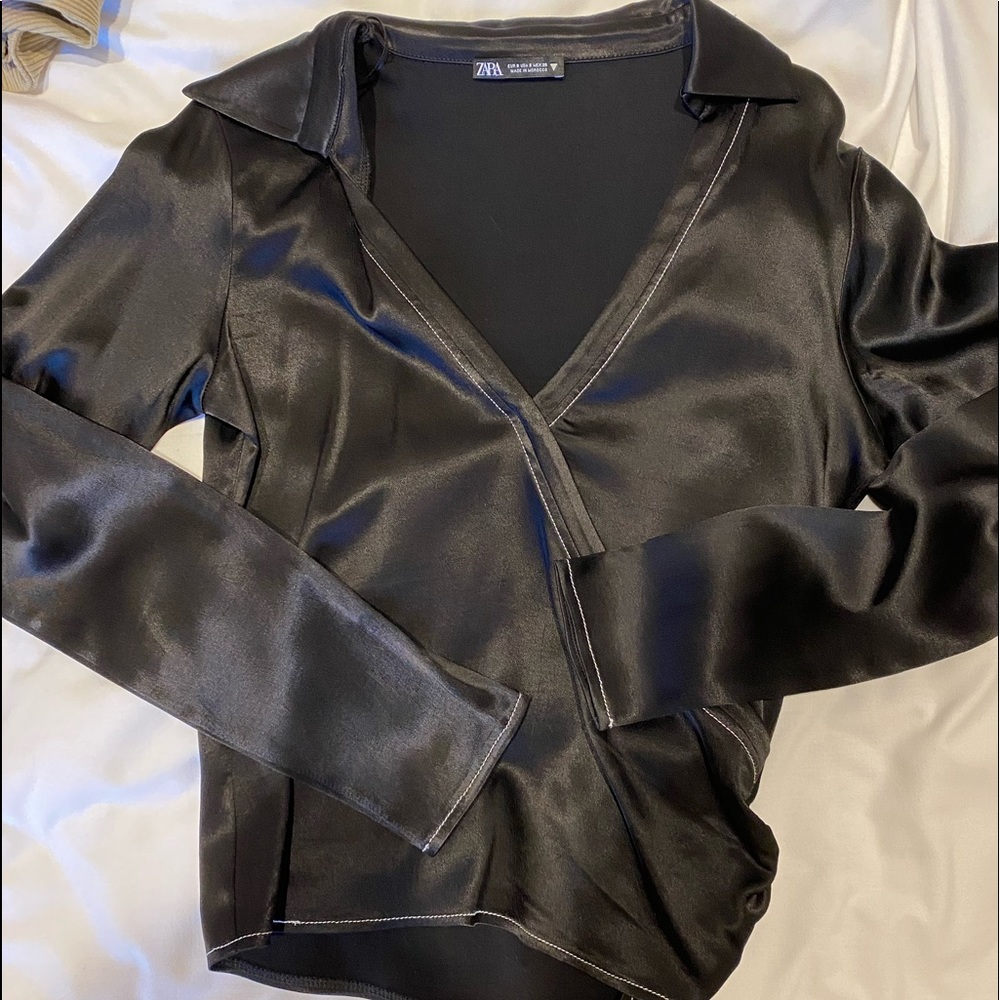 Zara silk black wrap blouse size S